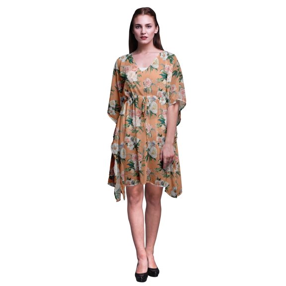 Bimba Light Peach2 Floral Begonia & Peony Beach Kaftan Bikini Cover up Womens Midi Dress Short Caftan-4X-5X