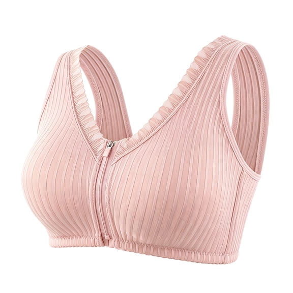 Ohufall Womens Plus Size Bras Thin Front Zipper Bra Fixed Cup Bras Solid Color Seamless Everyday Underwear