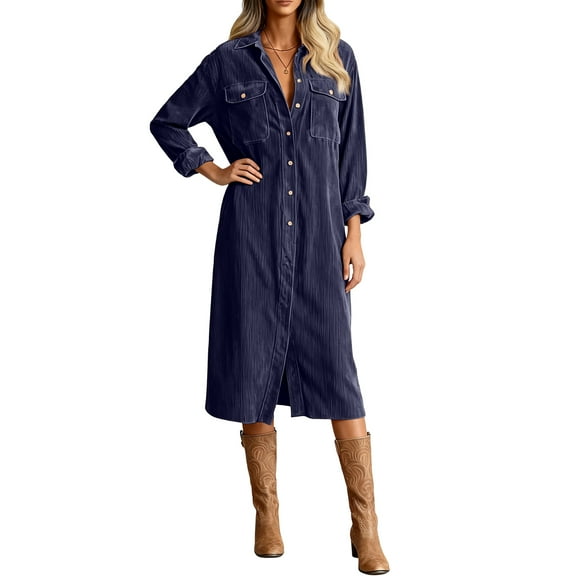 Cyglowse Women's Corduroy Shirt Dress, V-Neck Button Down Maxi with Long Sleeves, Loose Fit Everyday Casual Dress Navy 2XL