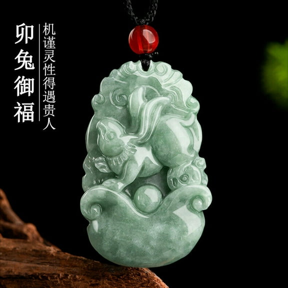 K-KED Burmese Jade Chinese Zodiac Pendant Natural Jadeite Delicate Jewelry Necklace Green-Rabbit