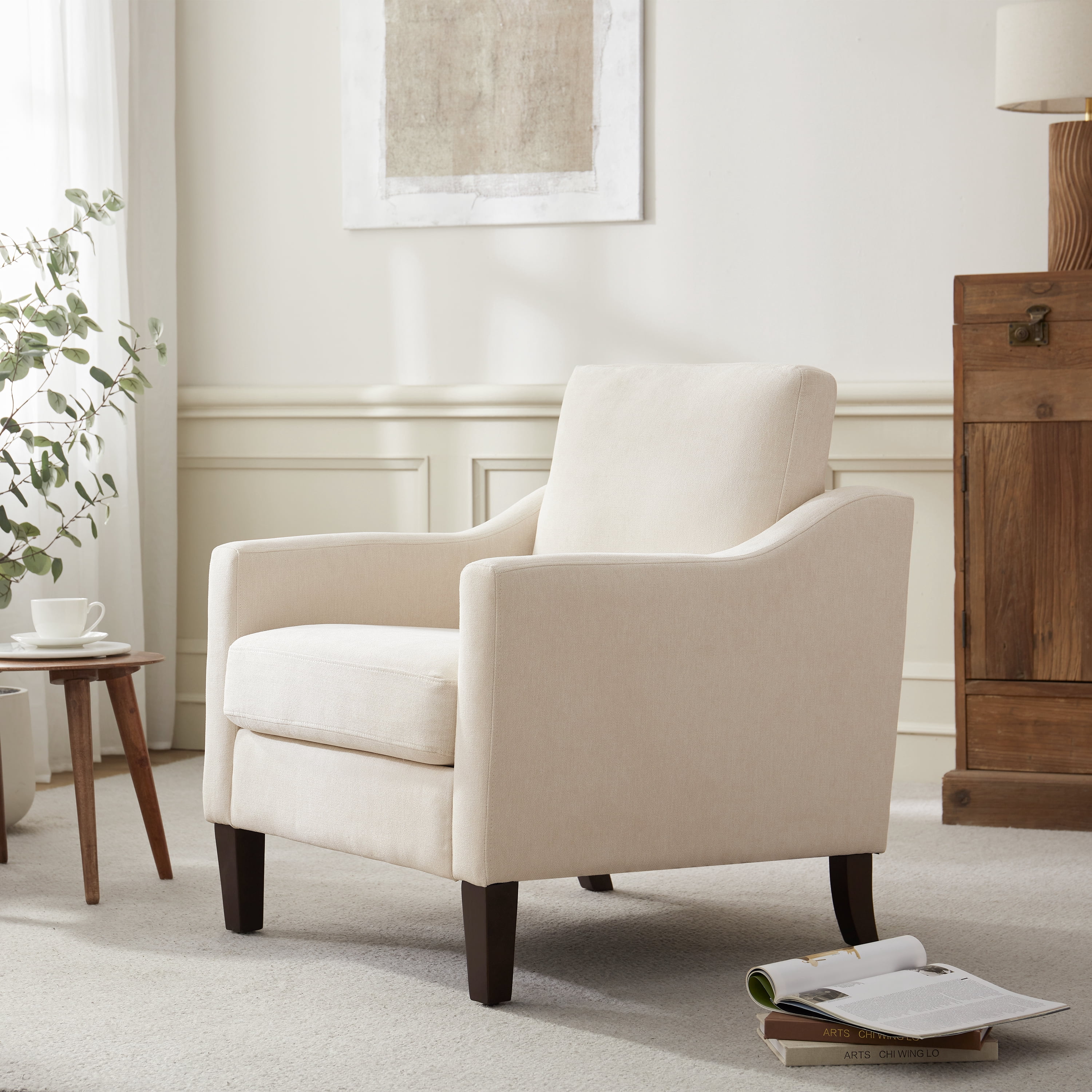 Vknow Furniture Mid-Century Modern Accent Chairs Set of 2 Upholstered with Solid Wood Legs for Living Room and Bedroom,Beige