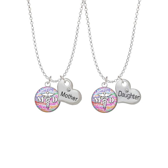 Delight Jewelry Silvertone Domed Multi Color MD Mother & Daughter Heart Necklaces (Set of 2), 19"+2"