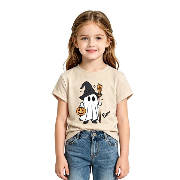 FASHOFT Girls Halloween Shirt Crew Neck Cute Ghost Graphic Tees Halloween Shirts Kids Spooky Season Short Sleeve Tee Tops Beige 2-3 Years
