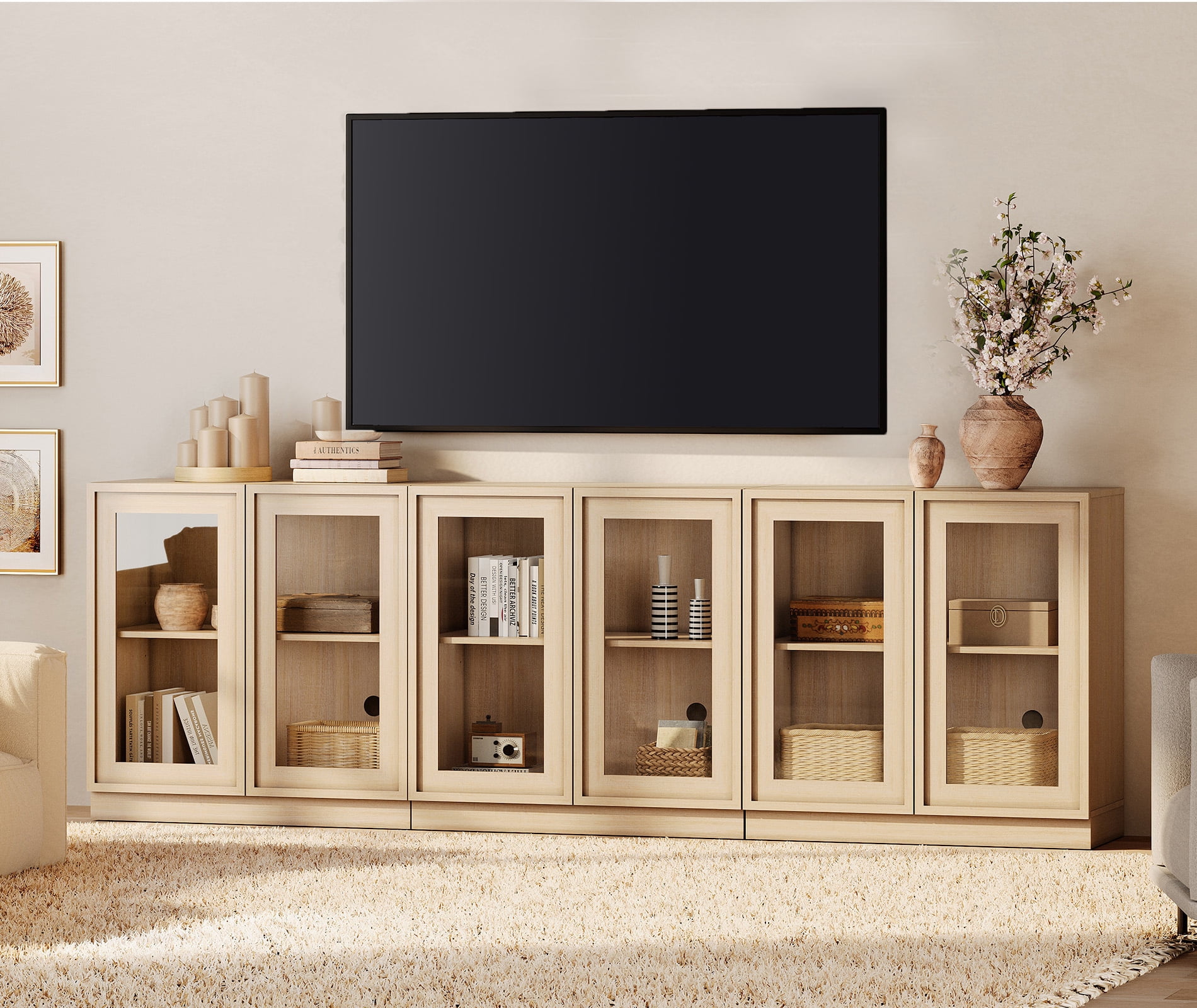 WAMPAT Modern TV Stand for TVs Up to 100", 3-in-1 Entertainment Center TV Console with 6 Glass Doors and Adjustable Shelf, Wooden Media Console Cabinet for Living Room, Bedroom, Beige