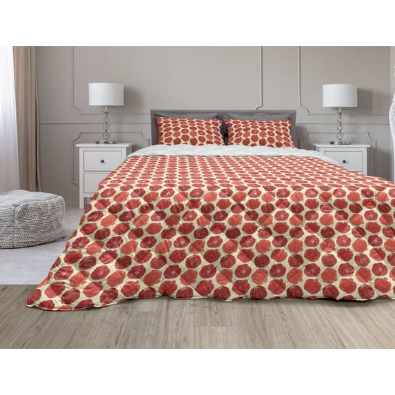 Fruits Comforter & Sham Bedding Set, Pomegranates Graphic Oriental Vitamins Eastern Bohemian Illustration, 3 pcs Duvet Set Microfiber Filling Quilt, 5 Sizes, Vermilion Cream and Ruby, by Ambesonne