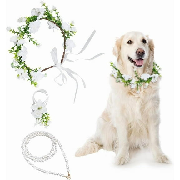 3 Pcs Dog Wedding Collar Wedding Collar with Pearl Leash Wreath Headband with Wrist Corsage Flower for Pet Engagement Party Outfit