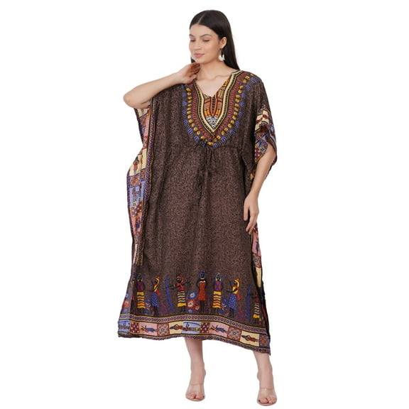 Women's Kaftan Dress Beach Cover Up Tribal Ethnic Print Plus Size Loose Kimono Maxi Dress - Color Brown African