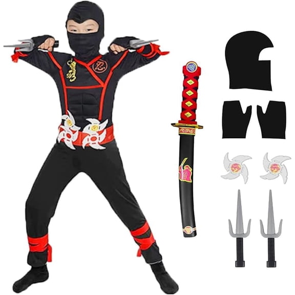 skyllc Ninja Costume Kids, Boys Ninja Cosplay Set with Accessories - for Role Play Halloween Christmas Party Carnival,Size S
