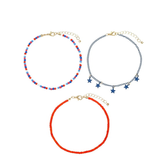 Way to Celebrate Americana Patriotic Beaded Anklet Set