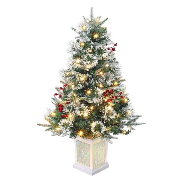 35-Inch Artificial Snow Flocked Christmas Tree With Led Lights For Holiday Decorations Festive Home Decor With Realistic Snow Effect
