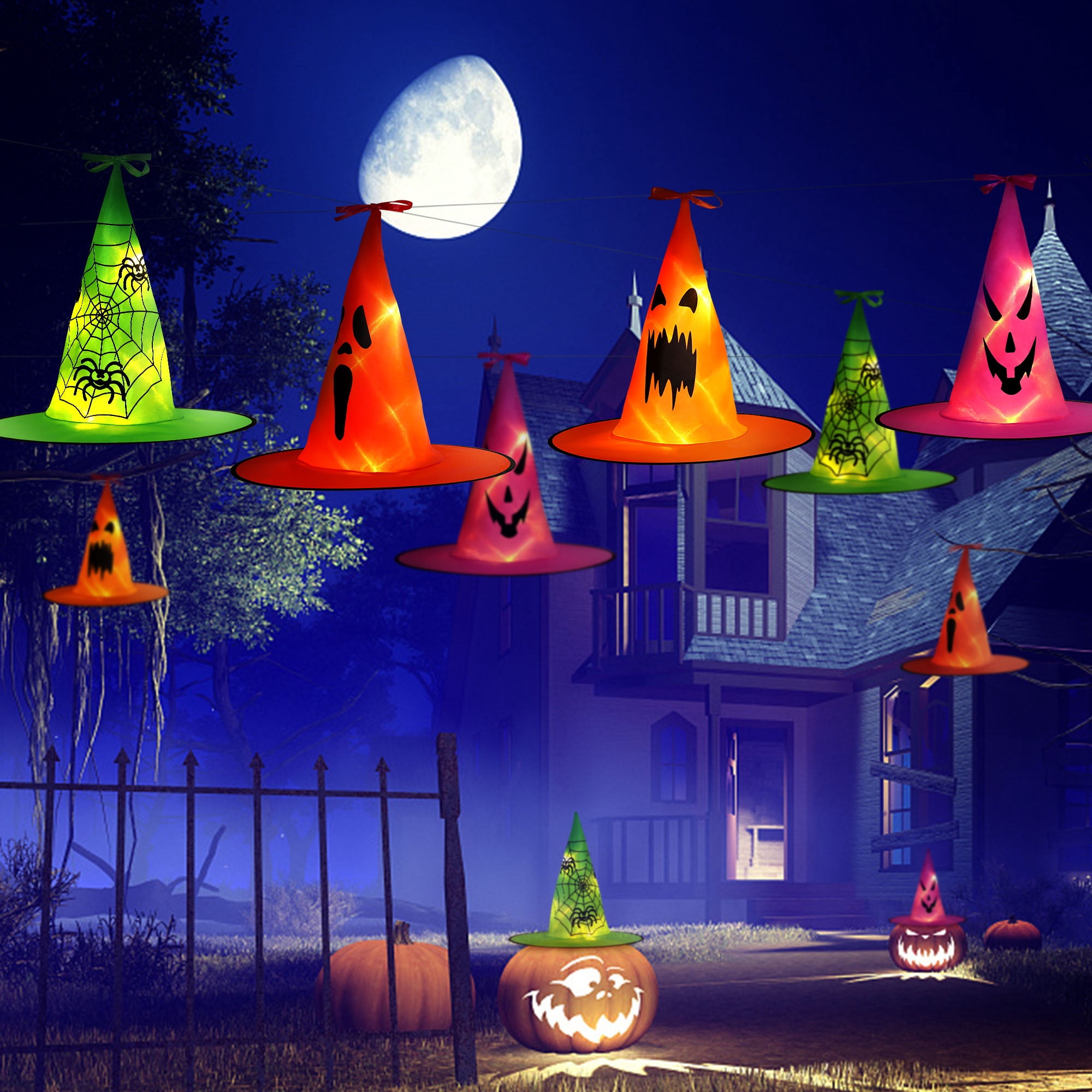 8 Halloween Hanging Light-Emitting Witch Hat Decorative Lights, Operated