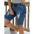 thumbnail image 5 of Women's Denim Shorts Distressed Cargo Ripped Elastic Waist Side Pocket Vintage Wash Shorts Jeans, 5 of 6