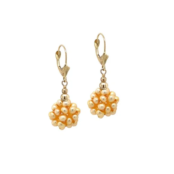 Mauli Jewels Freshwater Pearl Cluster Leverback Earrings 14K Yellow Gold, Dangle Drop Earrings for Women, Bridal Jewelry, Wedding, Anniversary & Christmas Gift