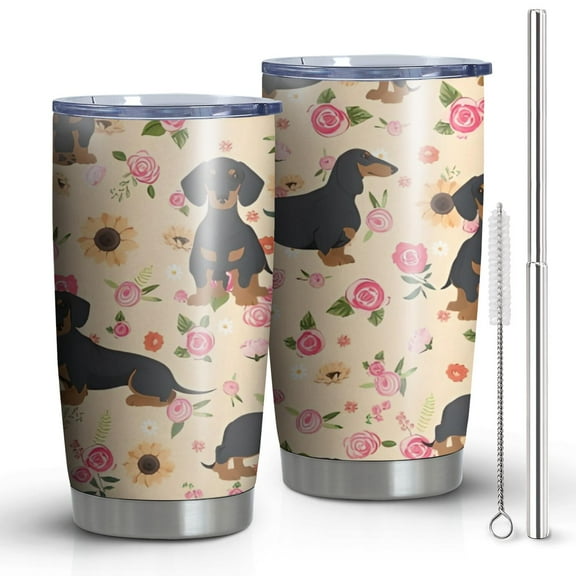 20 Oz Dachshund and Flower Coffee Tumbler Double Wall Insulated Stainless Steel Water Bottle | Metal Reusable Thermoses Flask with Cup Cap | Leak & Sweat Proof with Anti-Dust Lid