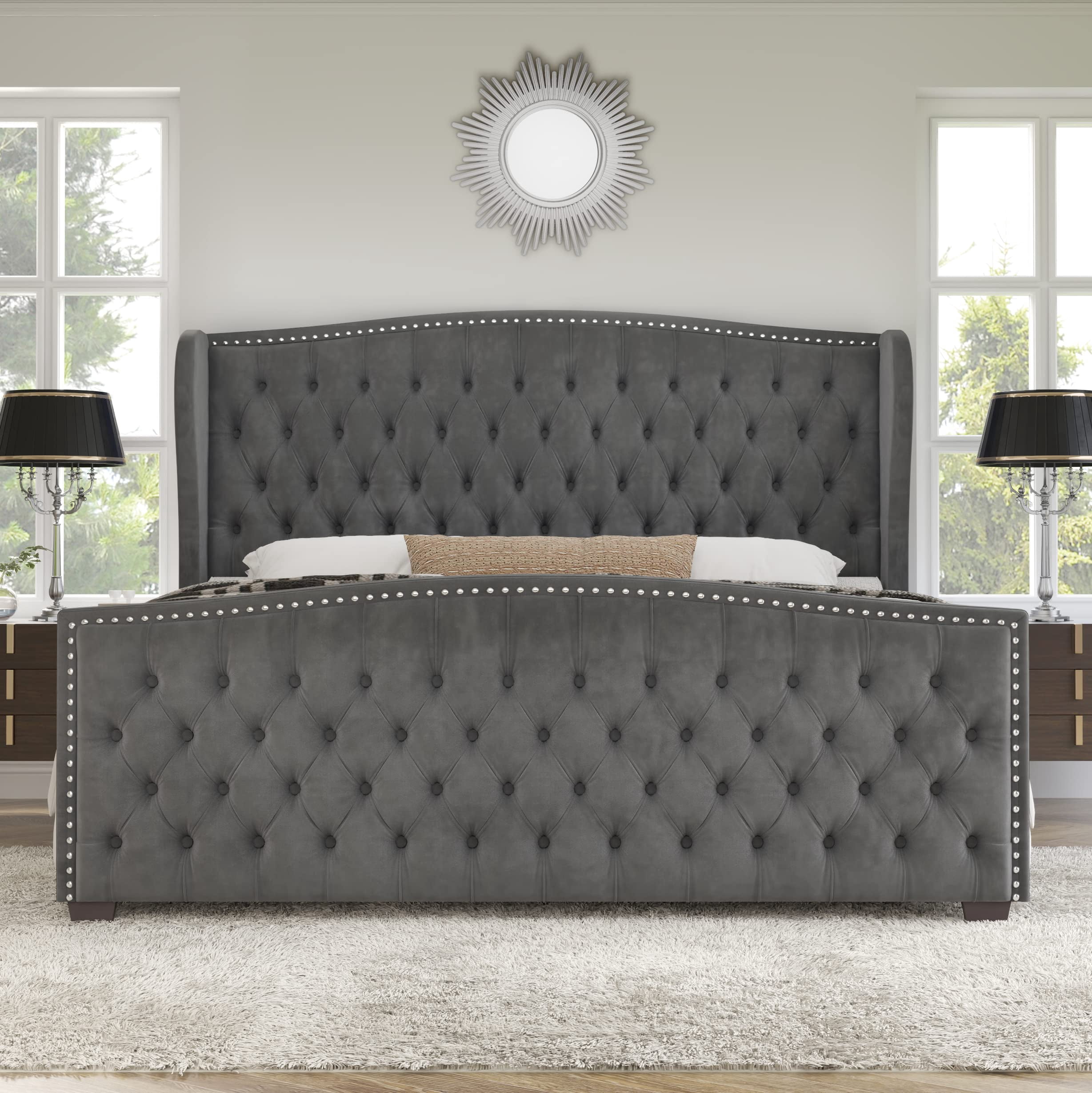 VANACC Queen Size Bed Frame, Velvet Upholstered Bed with Deep Button Tufted Wingback Headboard，Grey