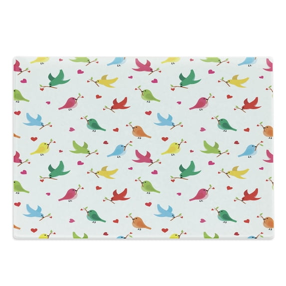 Birds Cutting Board, Pattern with Flying Birds Carrying Heart Branches Love Valentines Day Inspired Print, Decorative Tempered Glass Cutting and Serving Board, Large Size, Multicolor, by Ambesonne