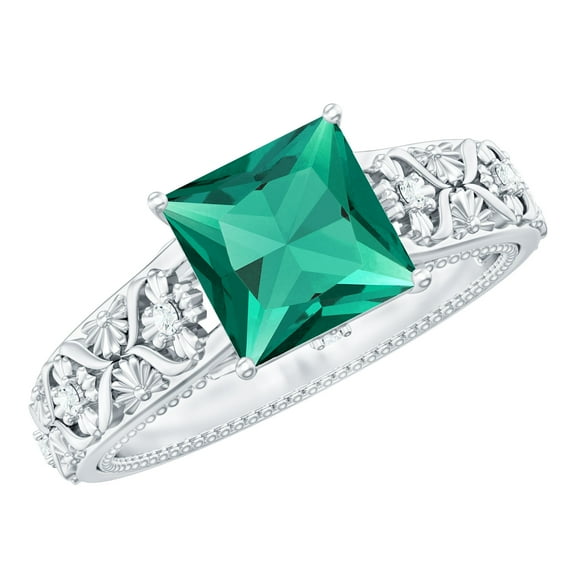 Rosec Jewels Womens 2.25 CT Princess Cut Created Emerald Solitaire Ring with Diamond in Vintage Style, 925 Sterling Silver, US 4.00