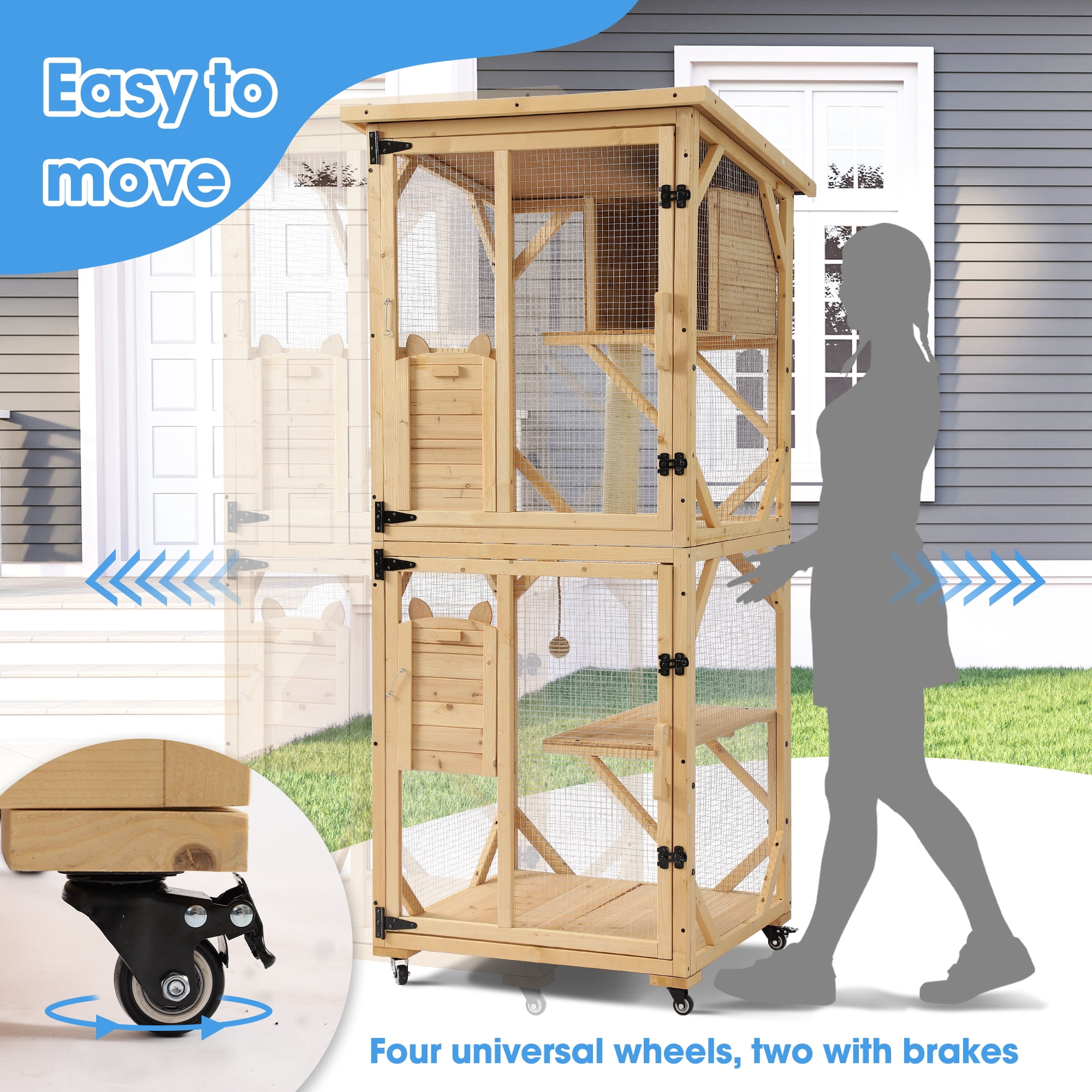 Haverchair Catio Outdoor Cat Enclosure with Scratcher - 4-Tier Large Indoor Wooden Window Catio Cat House W/Asphalt Waterproof Roof, Wheels, Resting Box, Platforms, Cat Toys Ball, Pet Cage Playpen