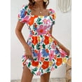 thumbnail image 5 of Women'S Floral Puff Sleeve Ruched Frill Trim Shirred A Line Boho Flared Dress White S, 5 of 9