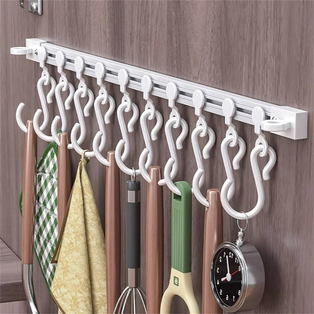 Limited Time Savings,Sliding Track Hook, No-Drill S Hook for Kitchen, Behind Cabinet Door Adhesive Hook, Wall-Mounted Storage Rack, Easy Organization Solution, | Plastic, White-760 $BS$3