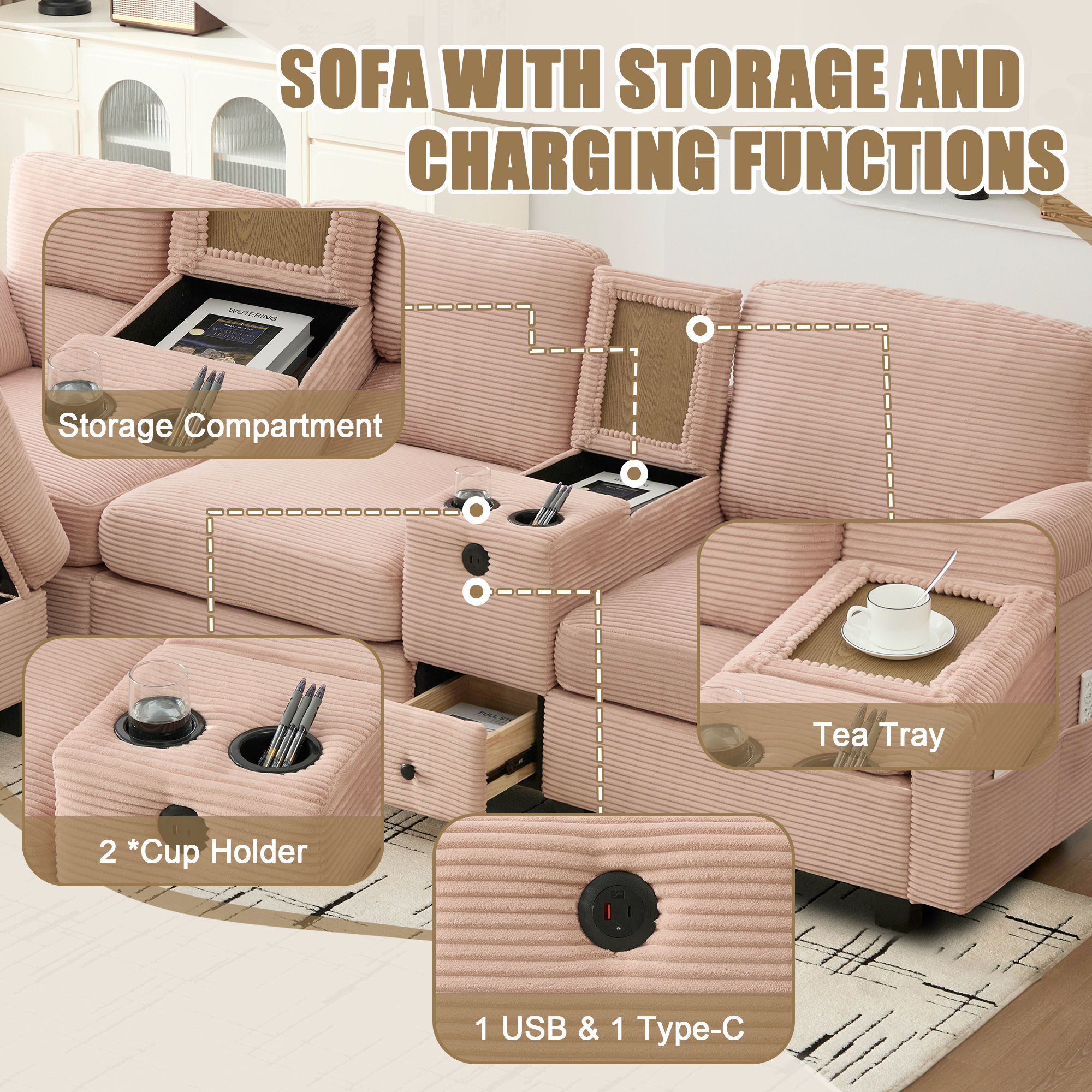 MOONMISS Corduroy Upholstered L-Shaped 4-seater Storage Multifunctional Sectional Sofa with Storage Ottoman-Pink