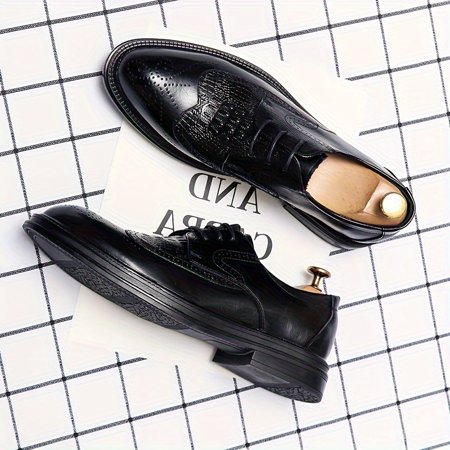 KINODAY Solid Wing-tip Brogues With PU Leather Uppers Wear-resistant Lace-up Dress Shoes For Business Office Wedding Banquet Occasions