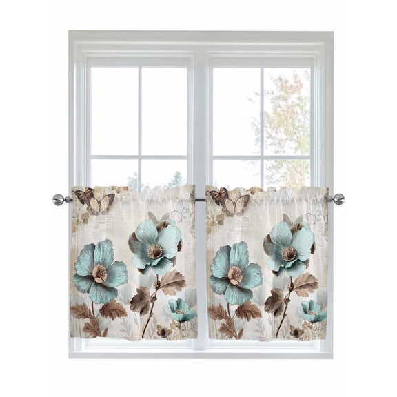 Half Window Curtain 36 Inches Long, Retro Mallow Flowers Window Treatment Curtain Drapes, Spring Floral Butterfly Elegant Small Tier Curtains for Bathroom Over Sink, 27.5"x36", 2 Panels