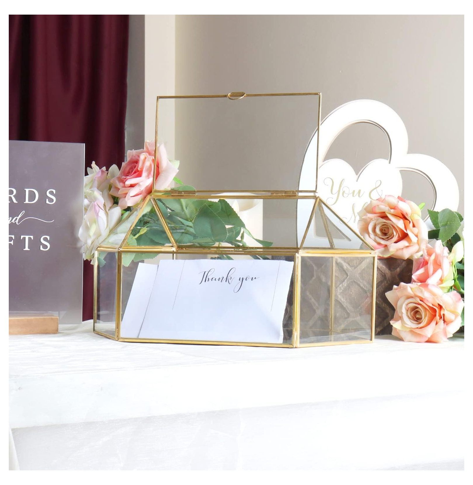 Glass Card Box with Golden Brass Accents - Wedding Gift Card Holder, Birthday Cards & Gifts, Bridal Shower Card Receiver - 13.18" x 7.87" x 5.91"