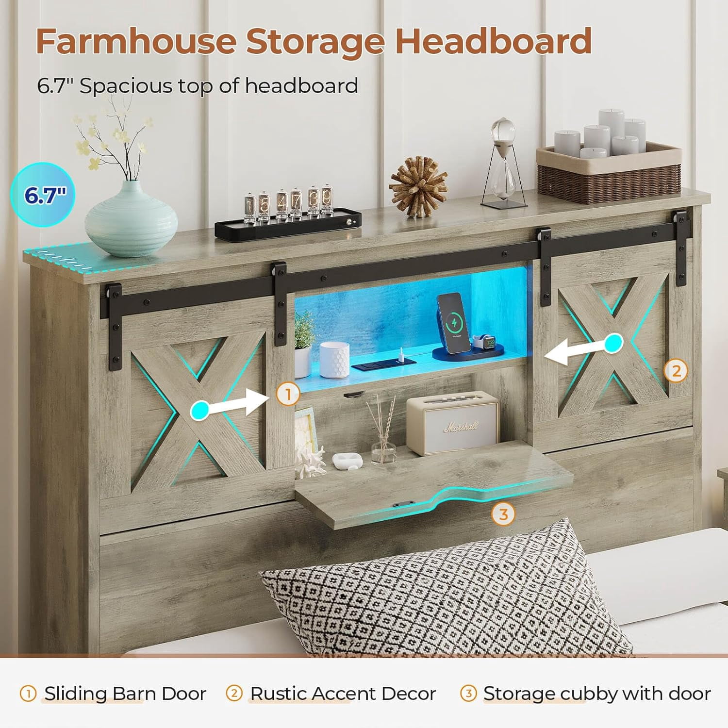 Twin Size Bed Frame with Headboard and Drawers, Farmhouse Twin Platform Bed Frame with LED Lights and Charging Station, No Box Spring Needed, Gray