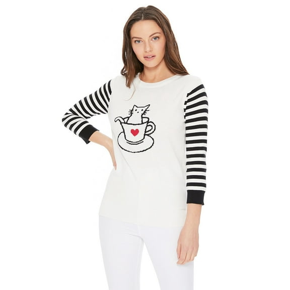 Yemak Women's 3/4 Striped Sleeve Round Neck Cat in a Cup Knitted Sweater Pullover Ivory-S
