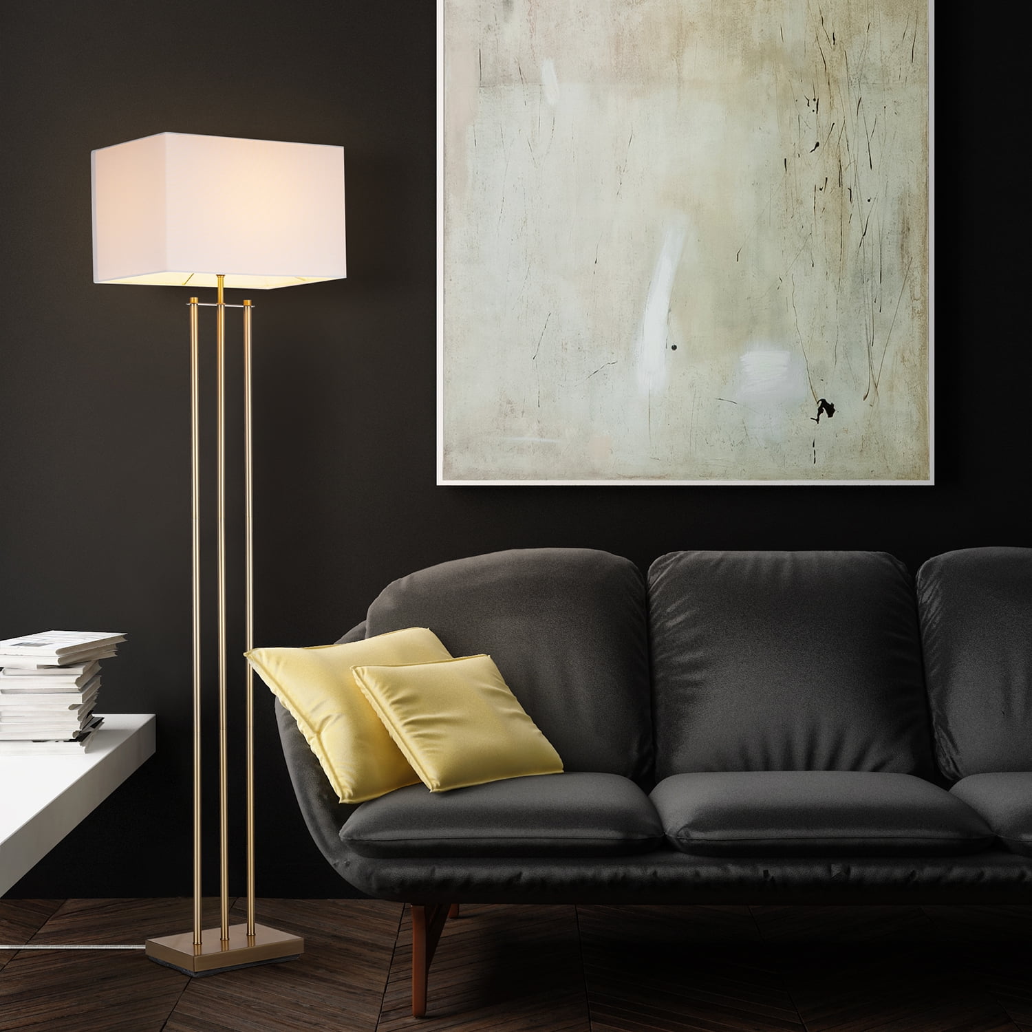 Novogratz x Globe SoHo 62" Matte Brass Floor Lamp with White Linen Shade, 67775
