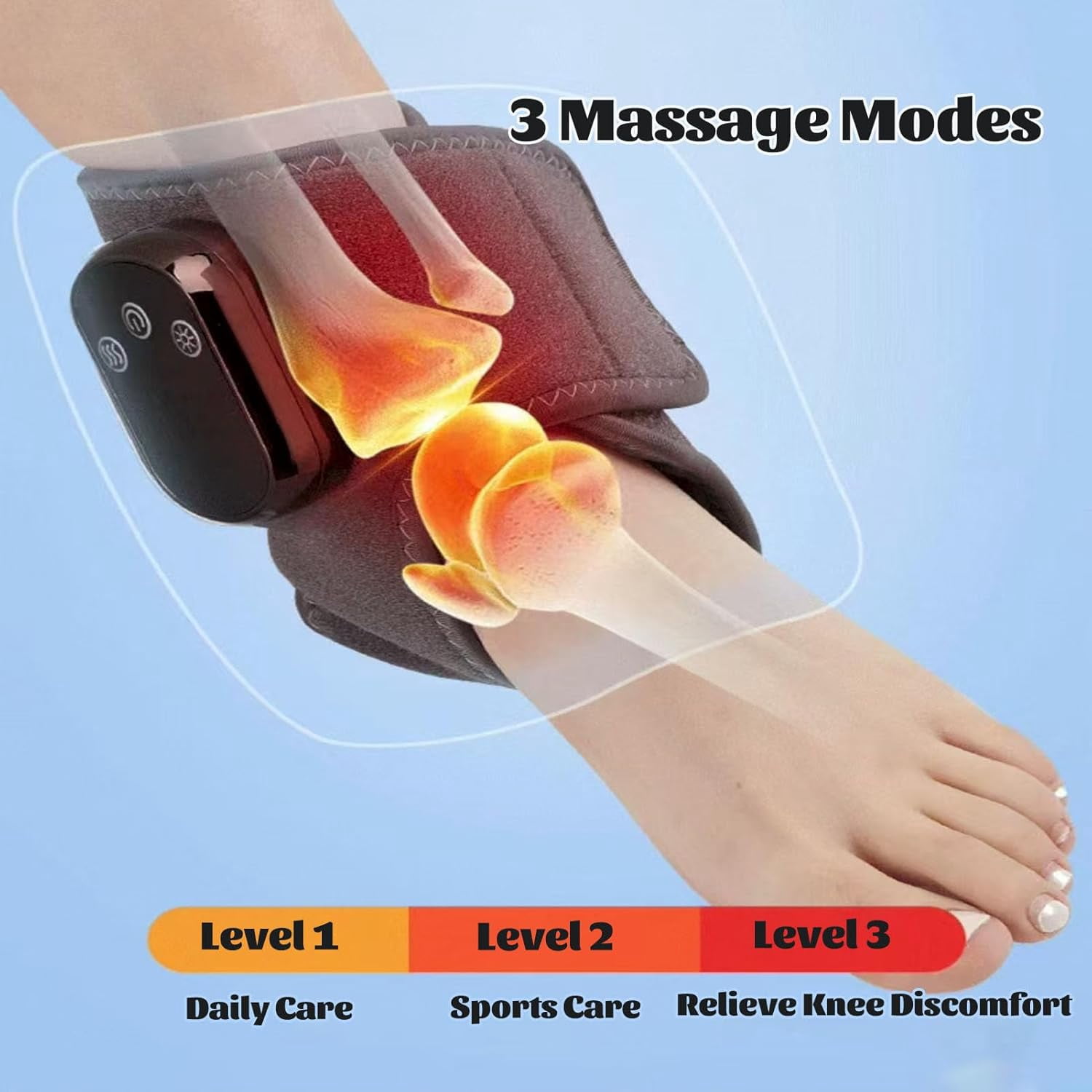 Rejuvenating Foot Triple Massager, a 3-in-1 cordless and portable foot massager with a triple heated ankle bandage, 3 vibration modes, and 5 heat levels to help you relax. Suitable for heels, arches,
