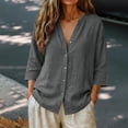 thumbnail image 4 of Duoif Women's V Neck Button 3/4 Sleeve Linen Blouse Loose Fit Solid Color Summer Top 2026, Dark Gray, XXL, 4 of 7