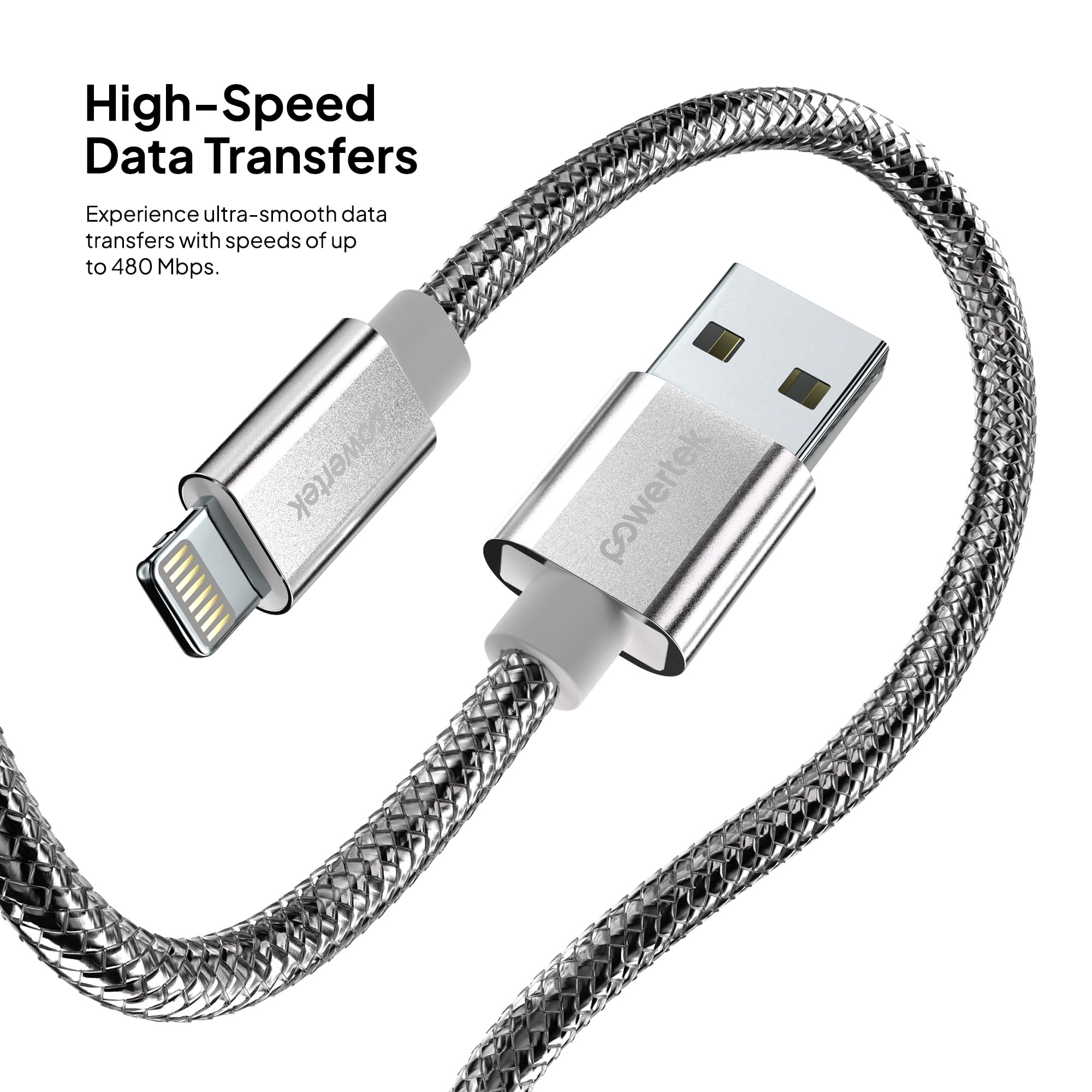 Powertek Luxe 6ft USB-A to Lightning Cable, Silver, Fast Charge & Sync, Metallic Mesh PVC Jacket, Durable Tangle-Free Design