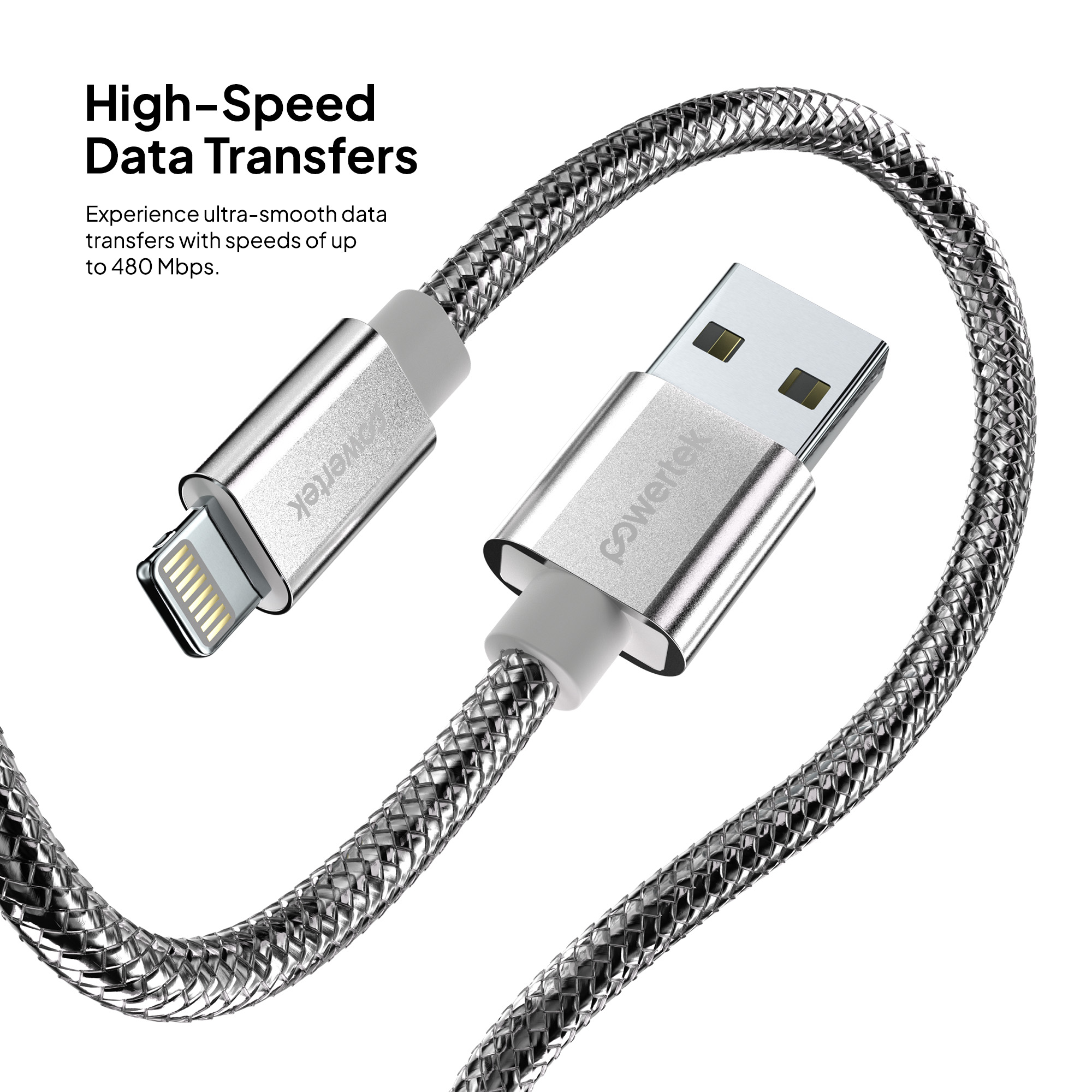 Liquipel Powertek Luxe USB-A to Lightning Cable, 6ft, Silver photo 4