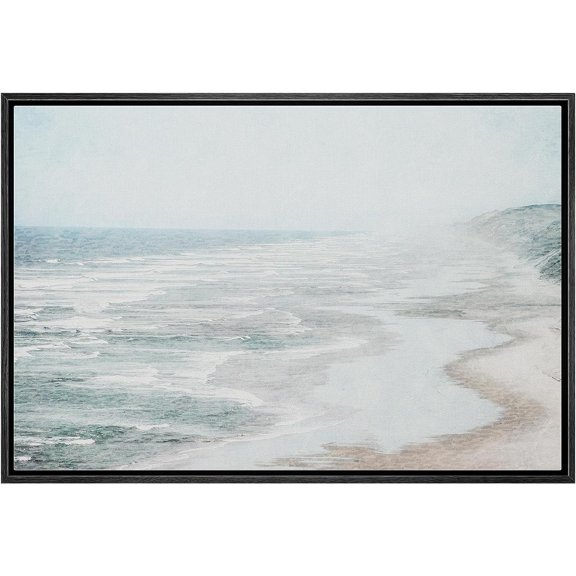 PixonSign Framed Canvas Print Wall Art Misty Fog Coastal Beach Shore Nature Wilderness Illustrations Fine Art Decorative Farmhouse/Country Relax/Calm/Cozy Multicolor Zen for Bedroom - 24"x36" Black
