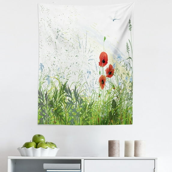 Floral Tapestry, Illustration of Meadow Field a Single Fleur-de-lis on Distressed Grunge Background, Fabric Wall Hanging Decor for Bedroom Living Room Dorm, 5 Sizes, Green Red, by Ambesonne