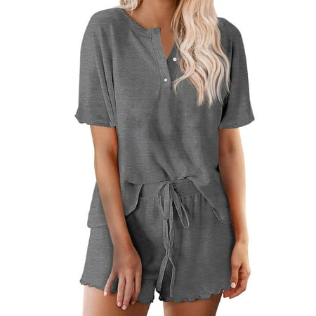 DondPO Womens Pajama Sets 2 Pack Womens Pajama Sets Short Sleeve Top With Shorts Soft Comfy Loungewear Sleepwear S XXL Silk Pajamas For Women Womens Loungewear Set Gray 2XL Clearance