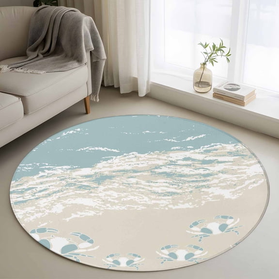 Blue Coastal Crabs Round Area Rug 4Ft Washable Circle Rugs for Bedroom Dining Room, Summer Beach Ocean Abstract Art Non-Slip Carpet Floor Mats Indoor Outdoor Carpet Runner Aesthetic Home Decor