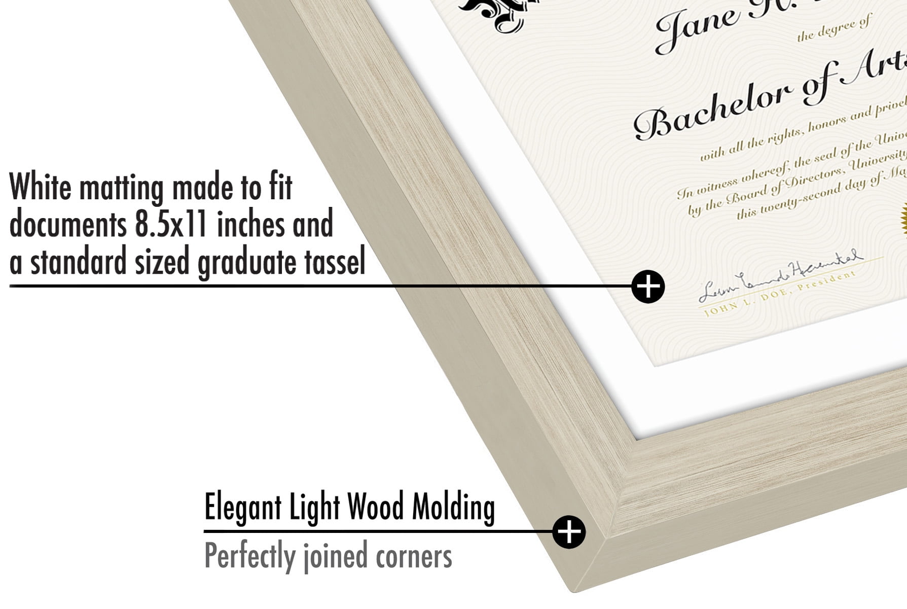 Americanflat 11x16 Light Wood Graduation Frame 2 Opening Mat Displays 8.5"x11" Diploma or Certificate and Tassel. Tempered Shatter-Resistant Glass. 2X Sawtooth Hangers.