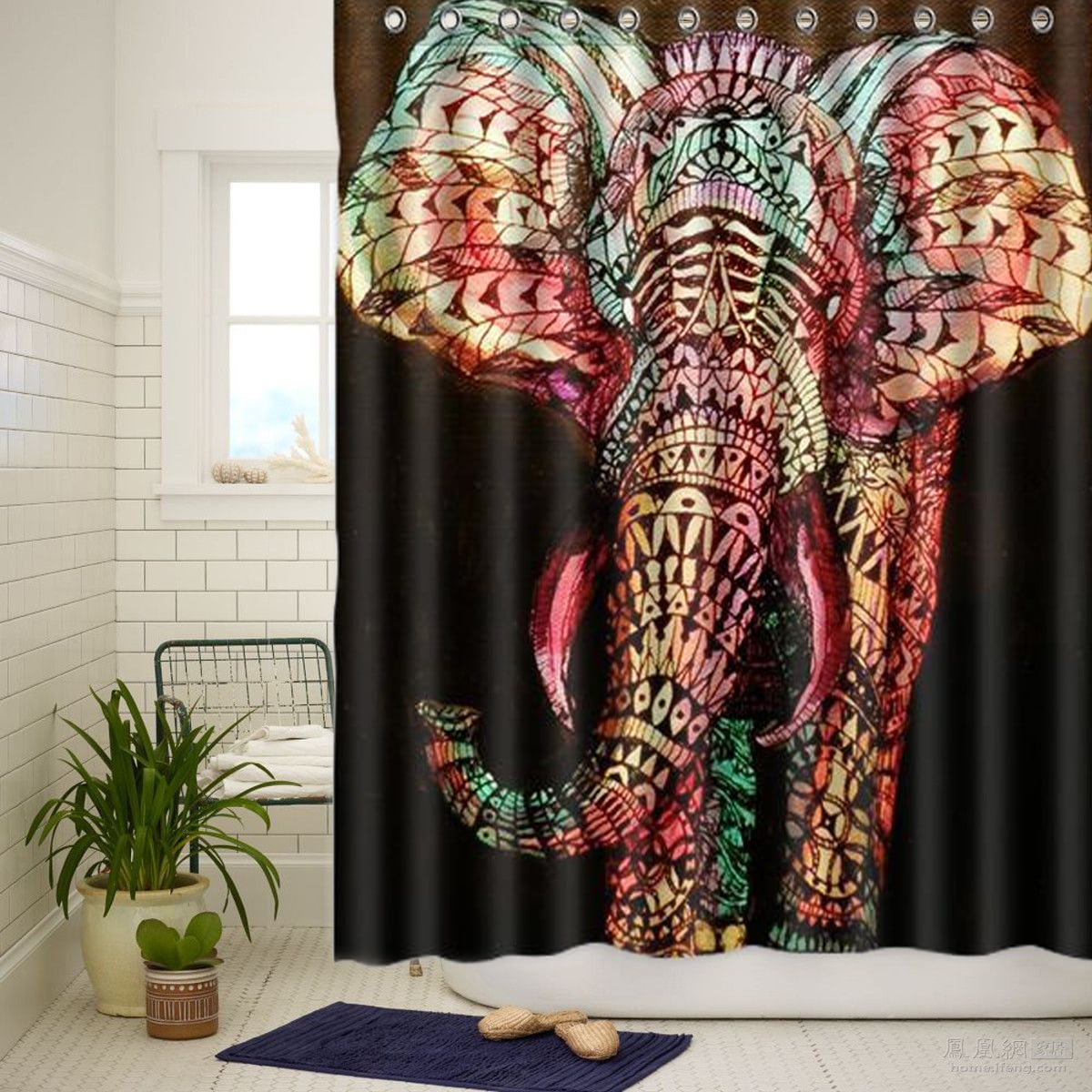 Shower Curtain With 12 Hooks Colorful Elephant Print Fabric Waterproof Bathroom 