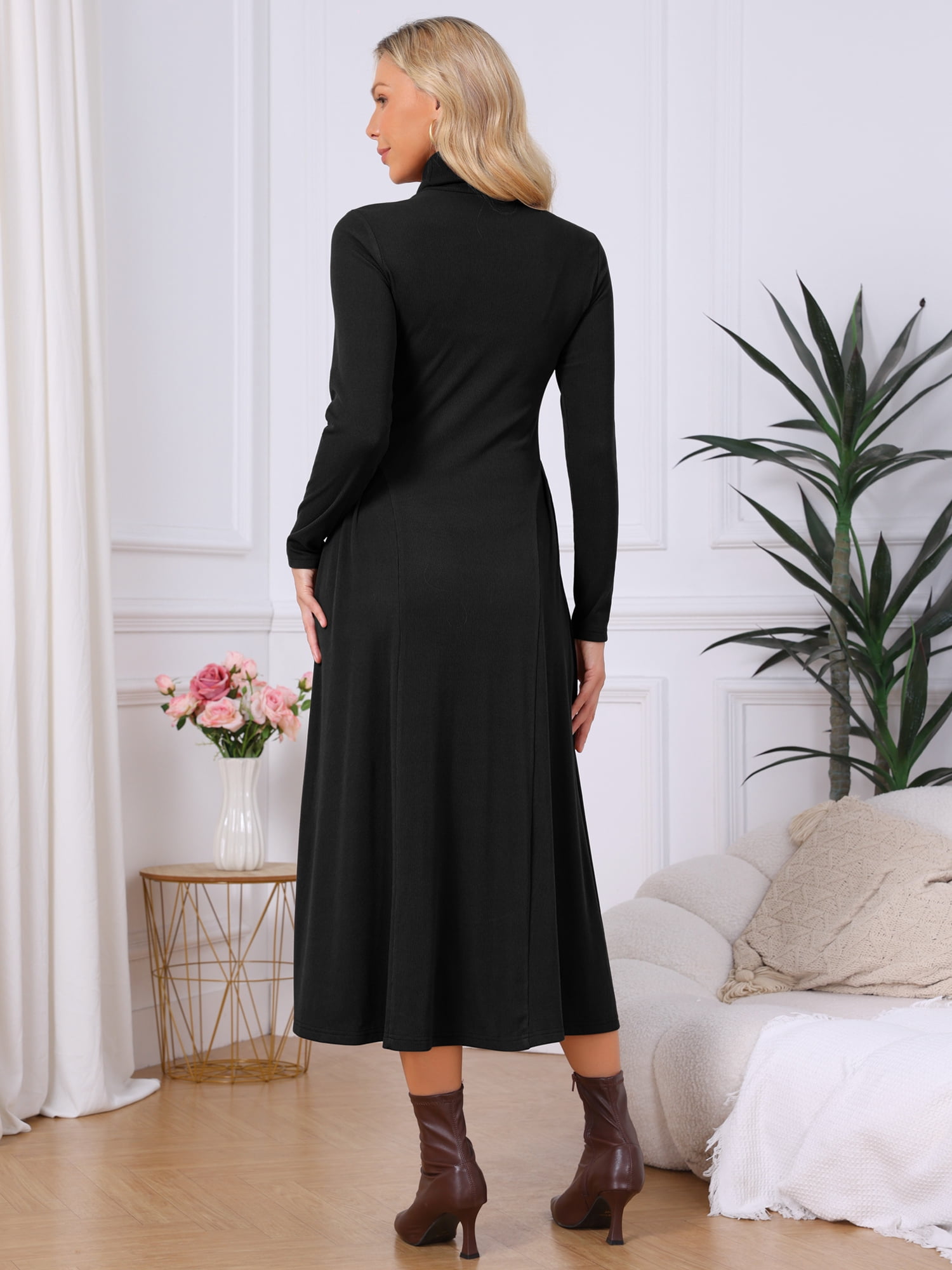 DARING DIVA Women's Sweater Turtleneck Long Sleeve A Line Knit Dress L Black