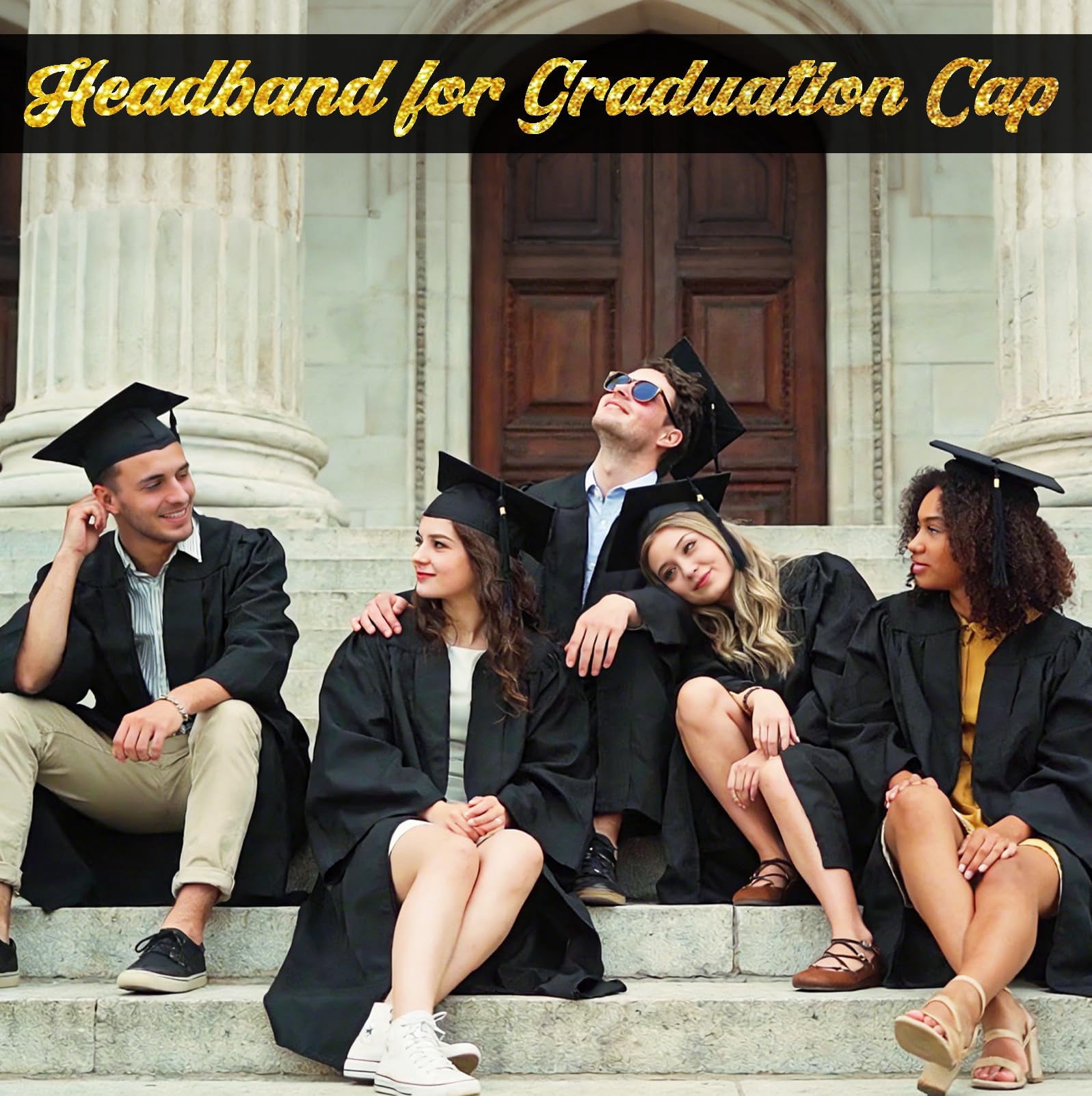 2 Pcs Black Graduation Cap Headband Insert, Anti-Slip Graduation Hat Holder for Curly Hair, Secure Fit Hairband Accessory, Keeps Hairstyle Natural and Stable