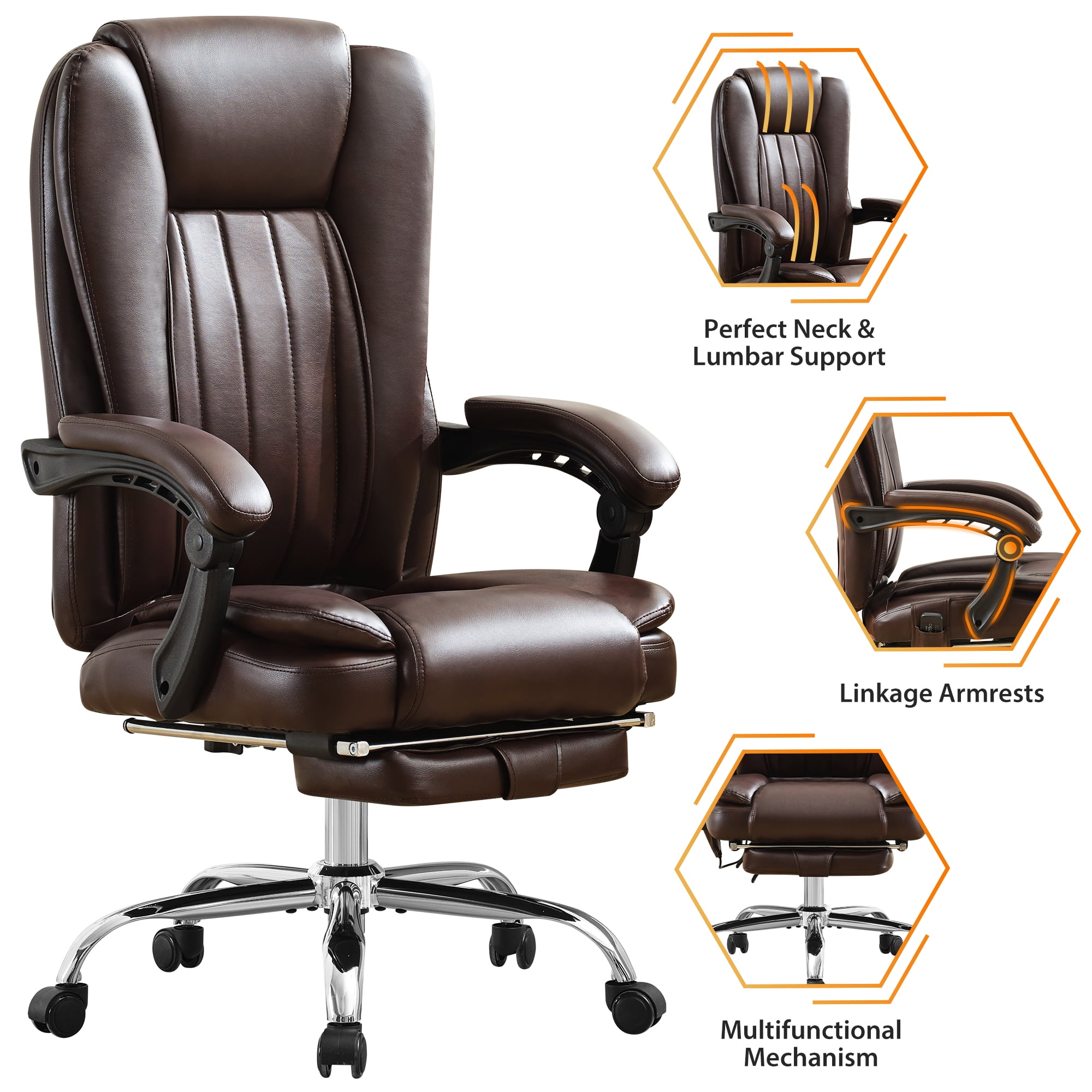 JONPONY Big and Tall Office Chair 500LBS Executive Office Chair Massage and Footrest Ergonomic Computer Desk Chair Reclining High Back Leather Office Chair Lumbar Back Support Swivel Rolling,Brown
