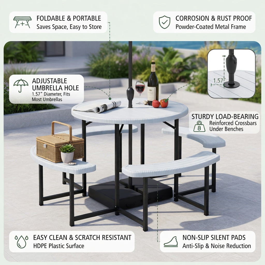 Hommoo Round Outdoor Picnic Table Set with 4 Matching Benches & Umbrella Hole, Weather-Resistant HDPE Top, Heavy-Duty Metal Frame, White