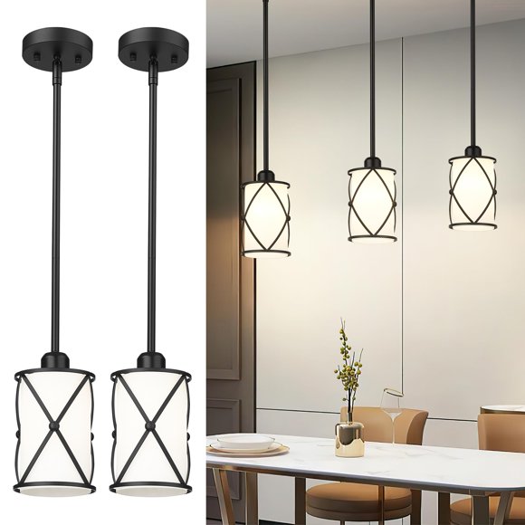 Osimir Glass Pendant Lights Kitchen Island, 2 Pack Modern Black Pendant Light Fixtures with Frosted Glass and Rod, Mid Century Cage Pendant Light for Kitc