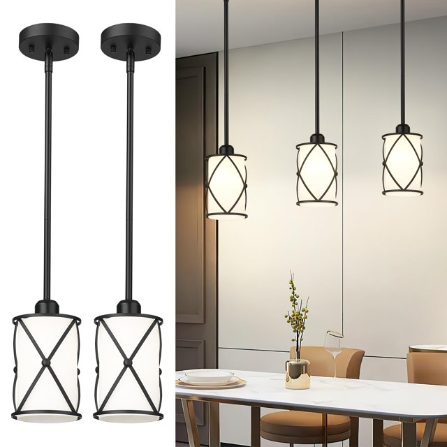 Osimir Glass Pendant Lights Kitchen Island, 2 Pack Modern Black Pendant Light Fixtures with Frosted Glass and Rod, Mid Century Cage Pendant Light for Kitc