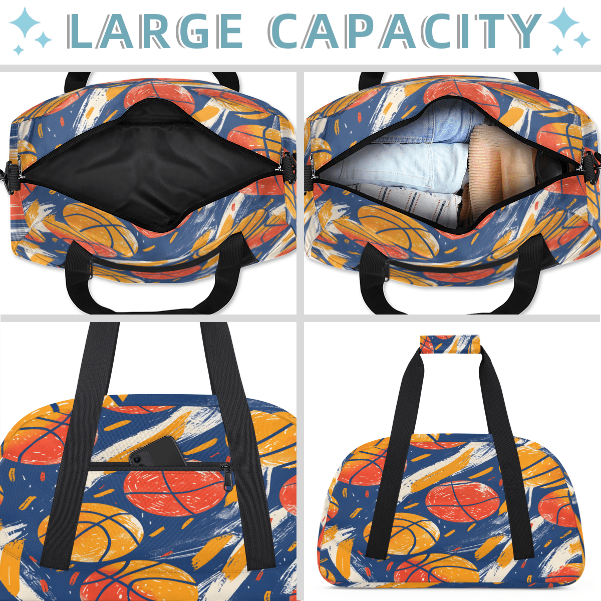 Herdesigns Basketball Duffle Bag for Women & Men, Sports Theme Gym Bag Dance Bag Overnight Bag Carry On Weekender Travel Bag