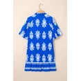 thumbnail image 5 of Women's Blue Ethnic Geometric Print Mini Dress – Short Puff Sleeve Vacation Essential, XL, 5 of 12