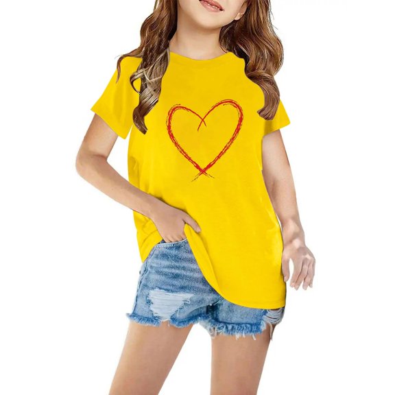 Kids T-shirts Short Sleeve Hear Print Cotton Tshirts Crew Neck Basic Tees Valentines Gifts for Kids 3-12 Years (11-12 Years, Yellow)